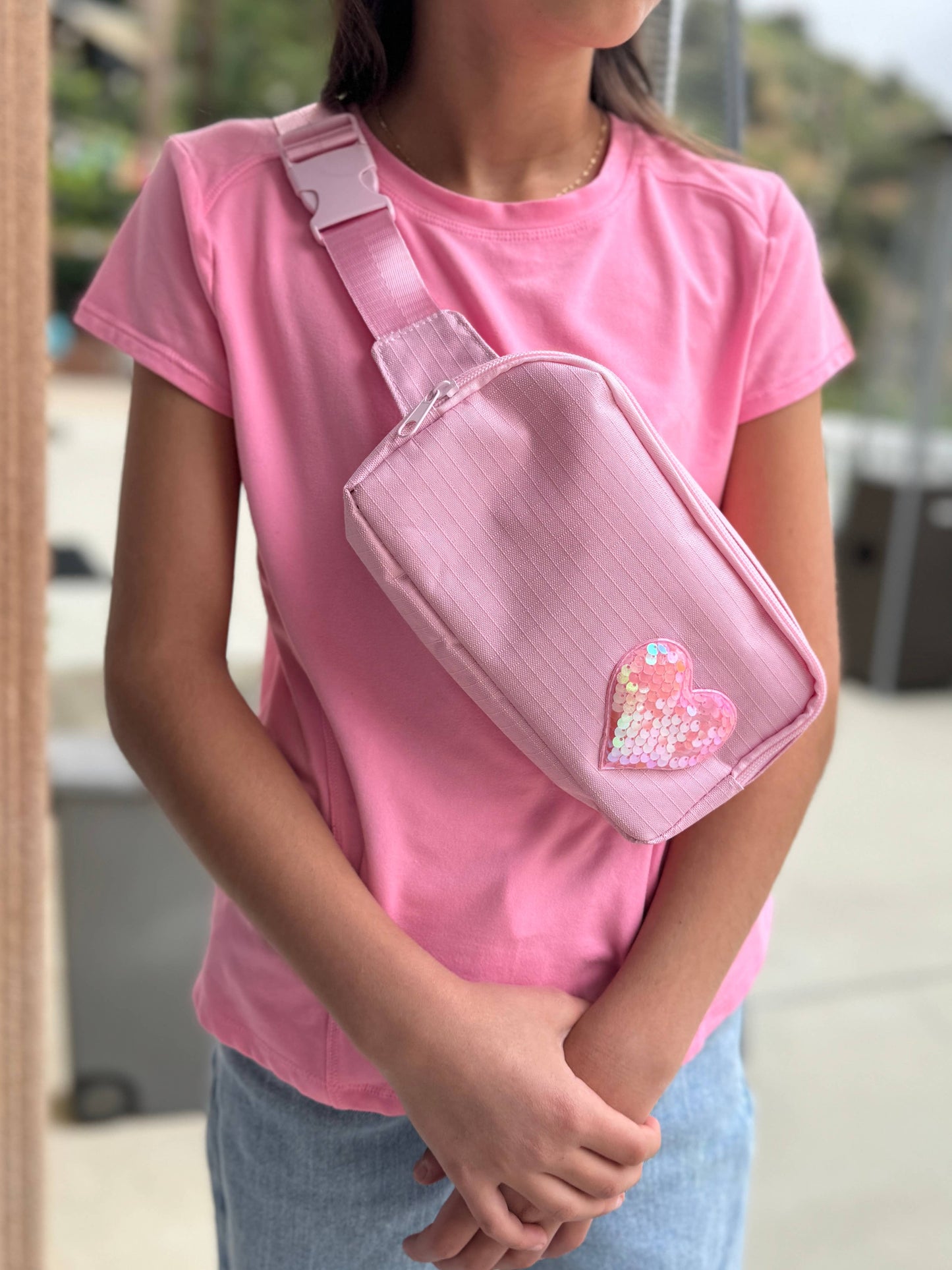 Blue Denim Sequin Heart Crossbody Bag
