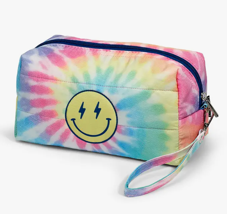Happy Face Tie-Dye Puffer Cosmetic Bag