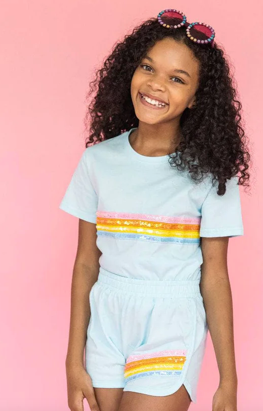 Blue Sequin Stripe Short Set