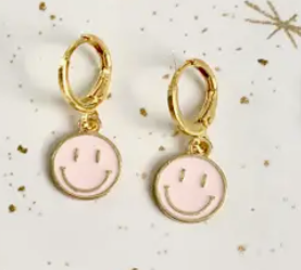 Pastel Pink Smiley Face Huggie Earrings