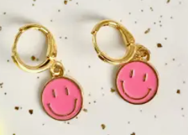 Hot Pink Smiley Face Huggie Earrings