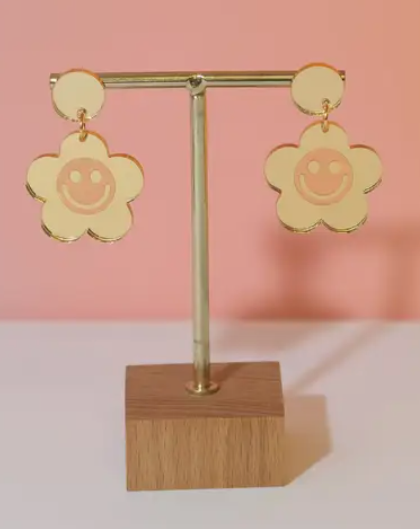 Gold Mirror Smiley Daisy Dangle Earrings