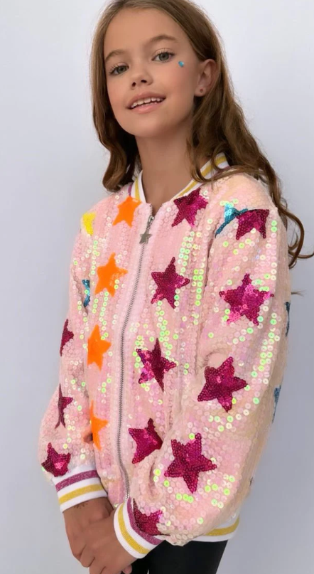 Rainbow Stars Pink Sequin Bomber