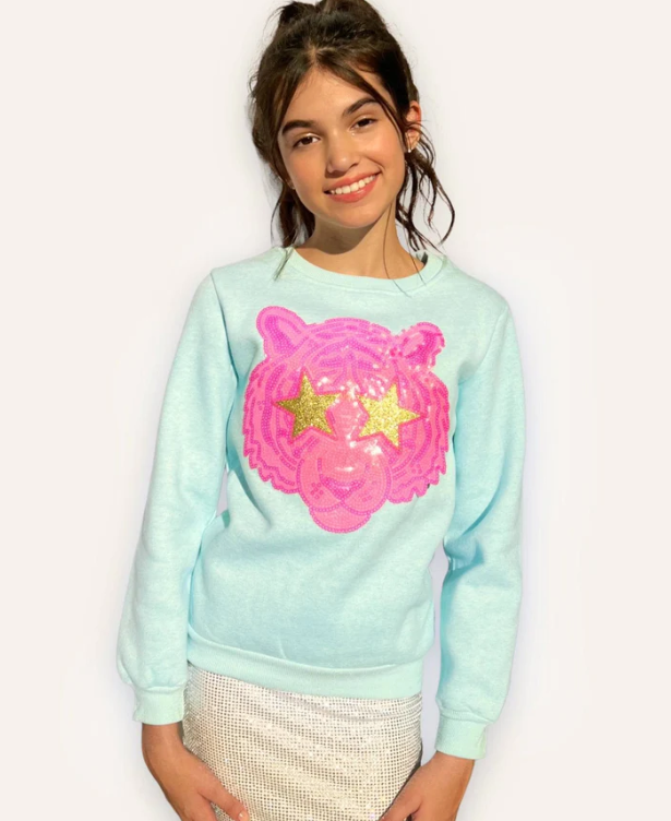 Blue Neon Sequin Tiger Sweatshirt
