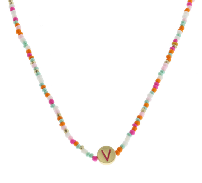 Multi Beaded Enamel Initial Necklace | V