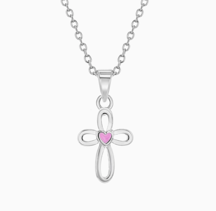 Tiny Open Cross w/Heart Necklace | Sterling Silver