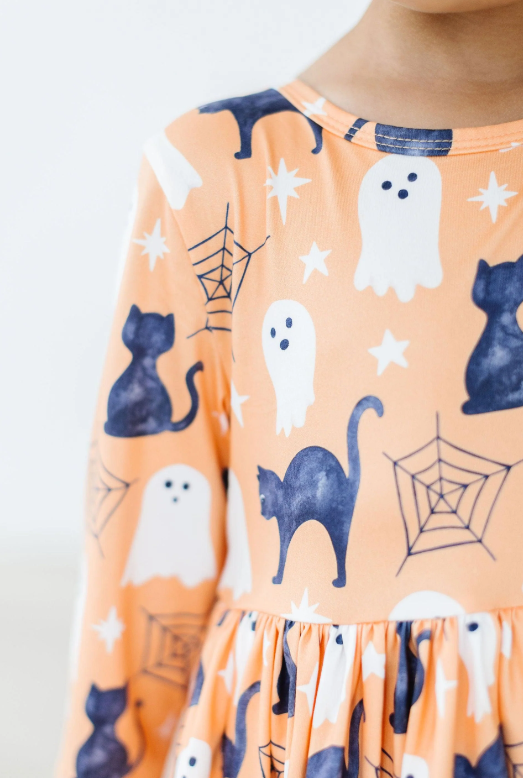 Spooky Kitty 3/4 Sleeve Pocket Twirl Dress