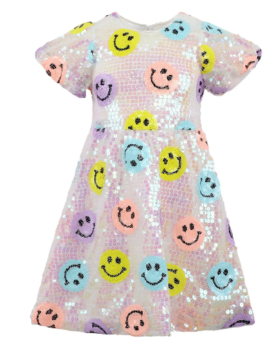 strapless open back dress Rainbow Emoji Sequin Dress – belle: a shop for girls