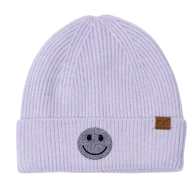 Rhinestone Smiley Face Beanie | Lavender