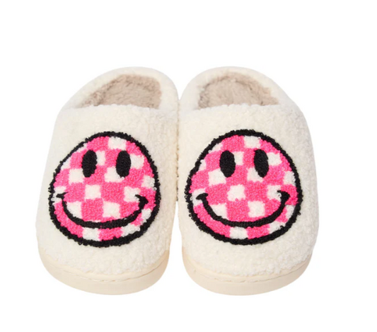 Hot Pink Checkered Smiley Face Slippers