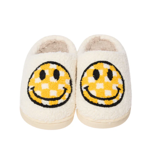 Yellow Checkered Smiley Face Slippers