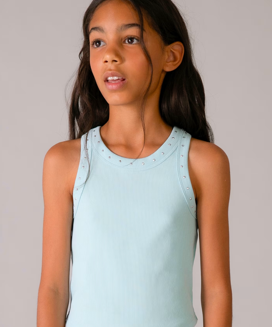 Ribbed Embellished Tank Top | Sky Blue | 6013