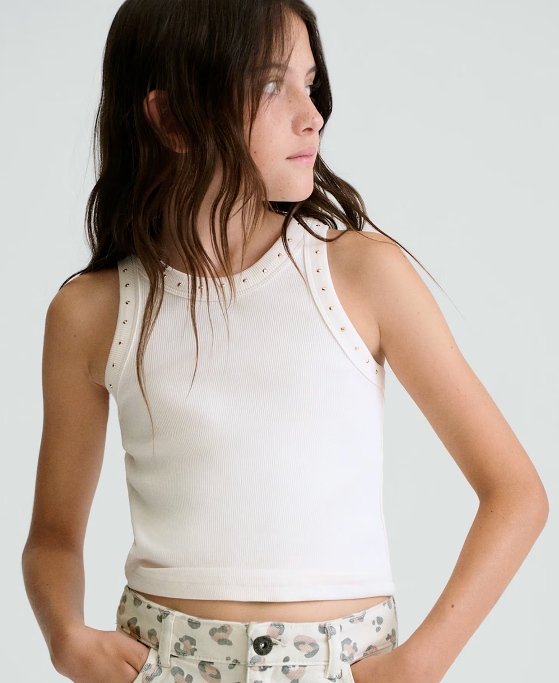 Ribbed Embellished Tank Top | Bone | 6013