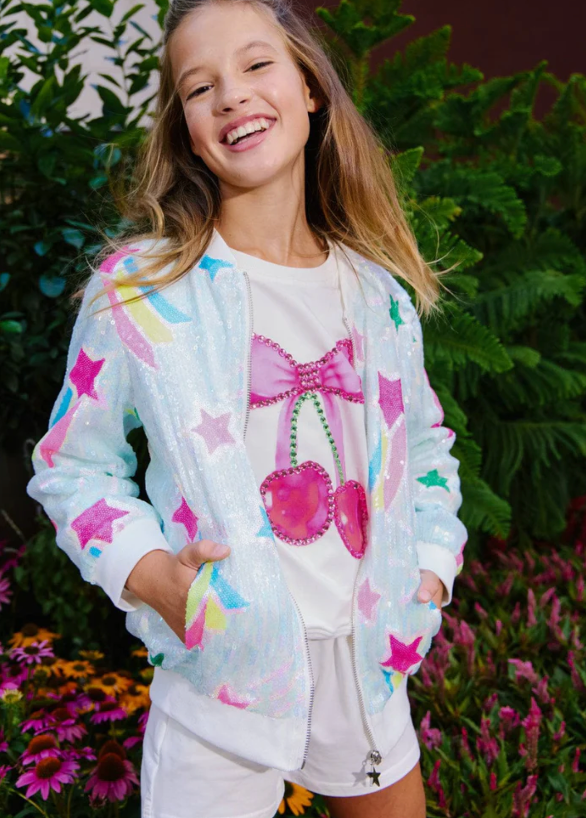 Rainbow Shooting Star Sequin Bomber