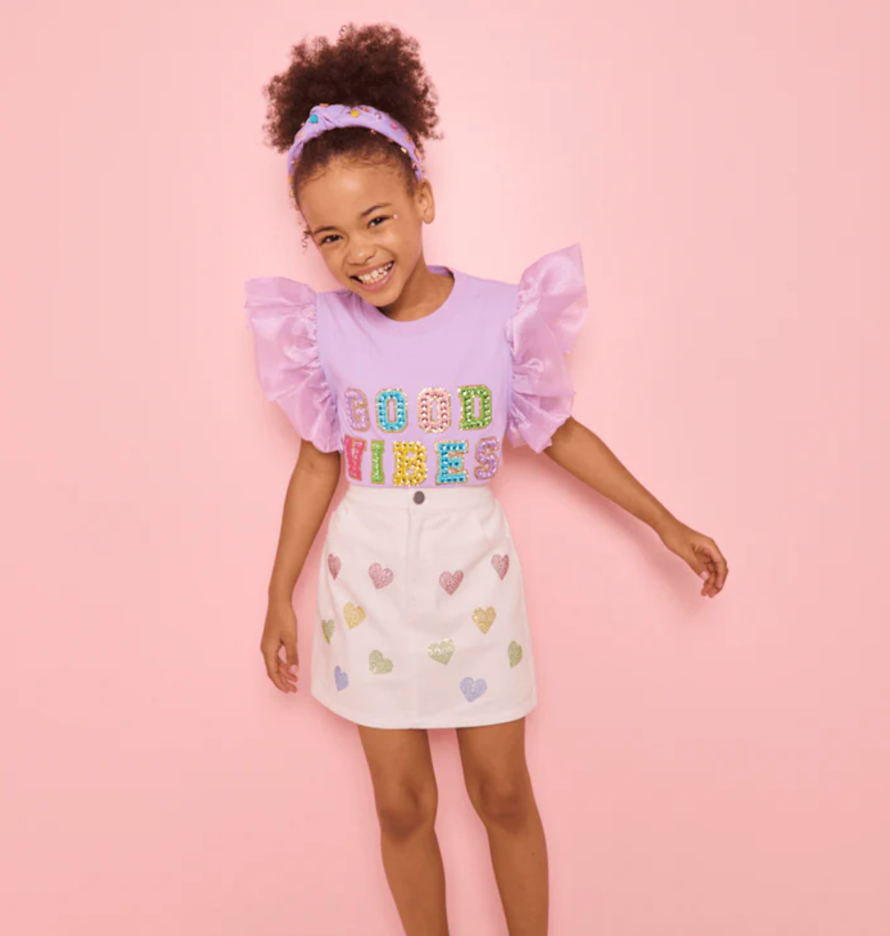 Rainbow Crystal Hearts Denim Skirt