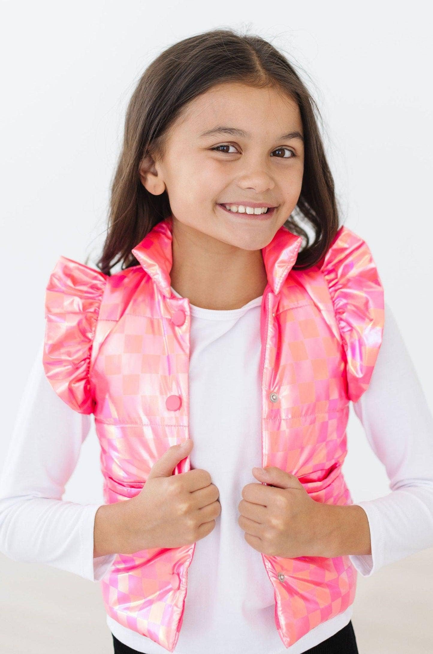 Neon Pink Checker Puffer Vest: 7/8