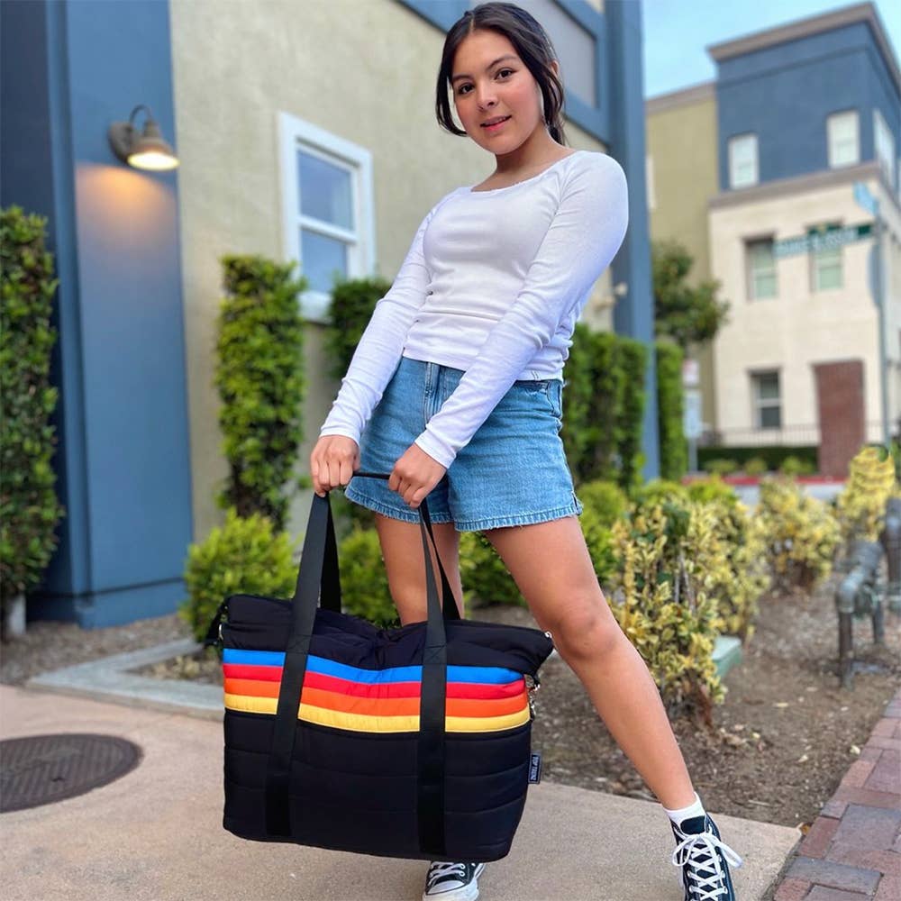 Black Retro Stripe Puffer Tote Bag