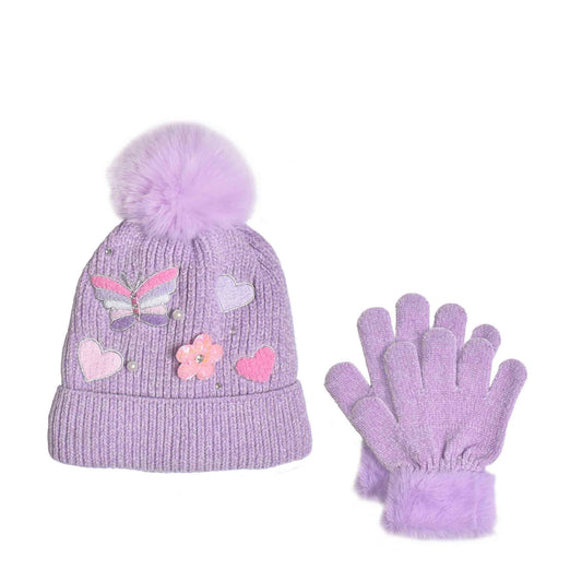 Butterfly Appliqué Hat & Glove Set | Lavender