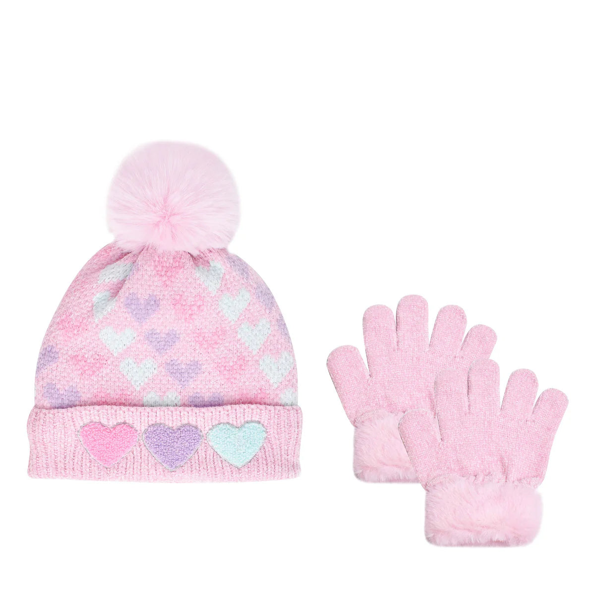 Heart Printed Chenille Hat & Glove Set
