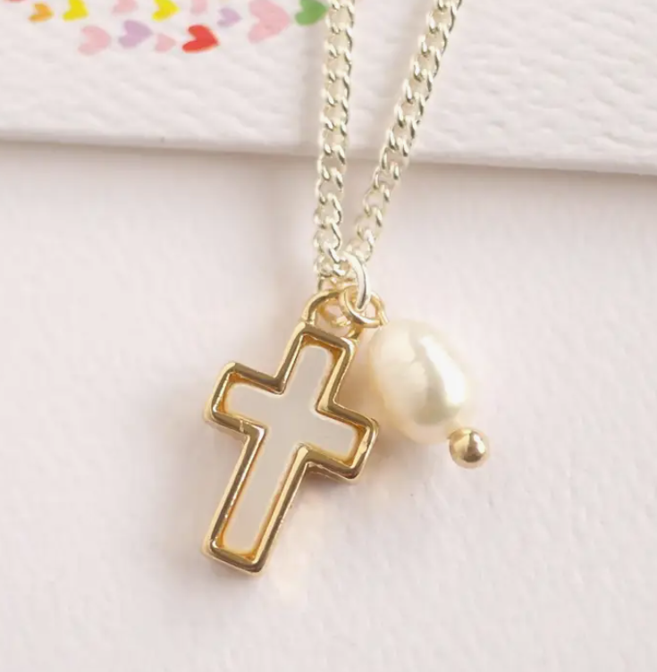 Cross Necklace w/Fresh Water Pearl