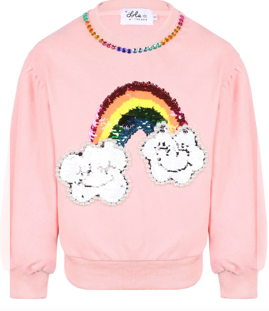 Puff Sleeve Happy Rainbow Pink Sweatshirt