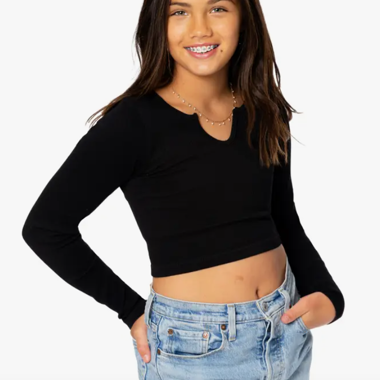 Black Long Sleeve Crop Top w/Slit Neck