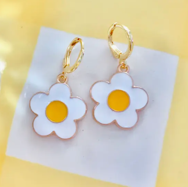 White Daisy Huggie Earrings