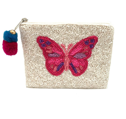 Pink Butterfly Beaded Pouch
