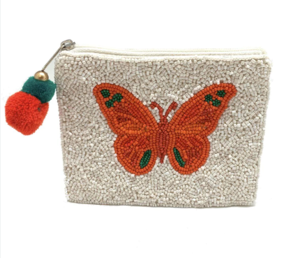 Orange Butterfly Beaded Pouch