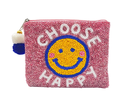 Choose Happy Smiley Beaded Pouch