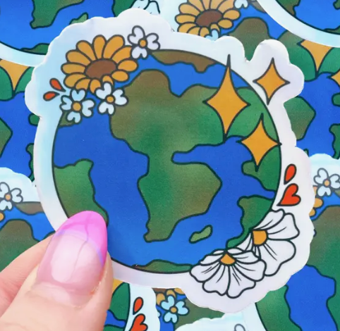 World and Flowers Holographic Sticker