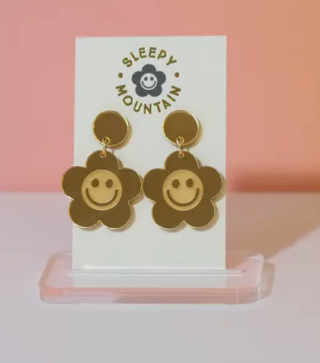 Gold Mirror Smiley Daisy Dangle Earrings