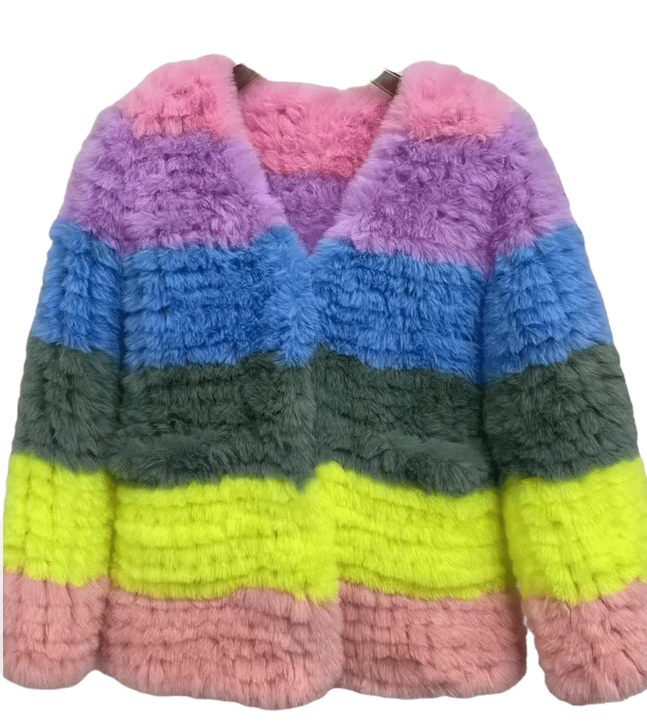 Rainbow Candy Striped Fur Jacket