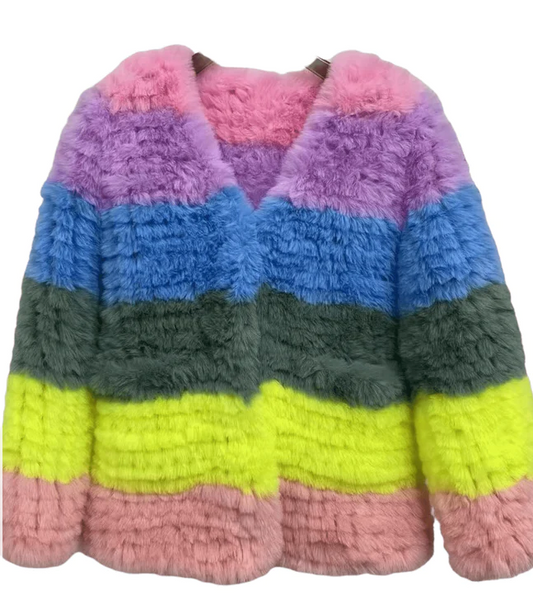 Rainbow Candy Striped Fur Jacket