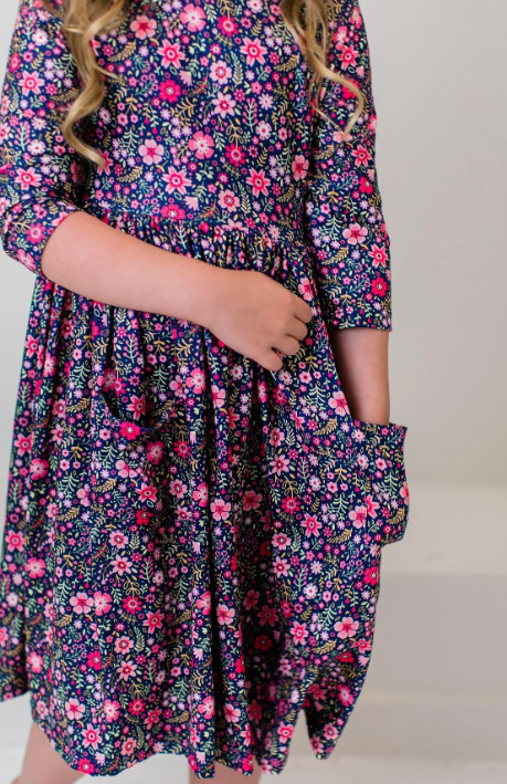 Flower Farm 3/4 Sleeve Pocket Twirl Dress