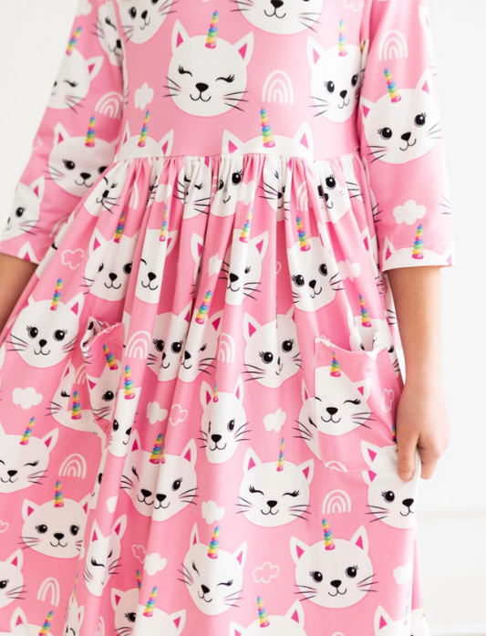 Unicorn Kitties 3/4 Sleeve Pocket Twirl Dress