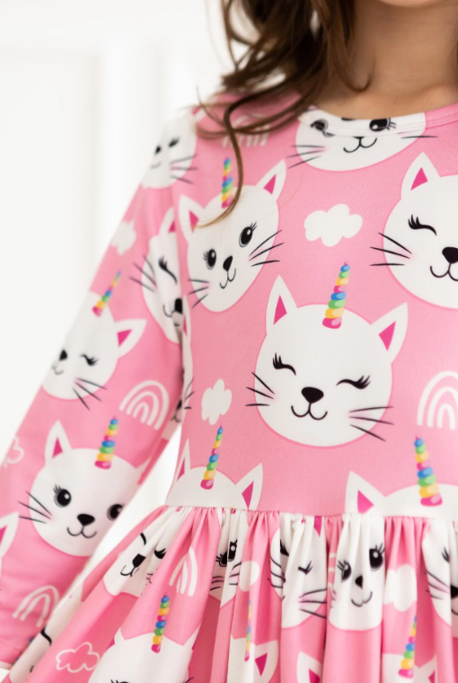 Unicorn Kitties 3/4 Sleeve Pocket Twirl Dress