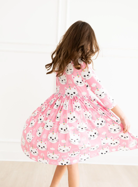 Unicorn Kitties 3/4 Sleeve Pocket Twirl Dress