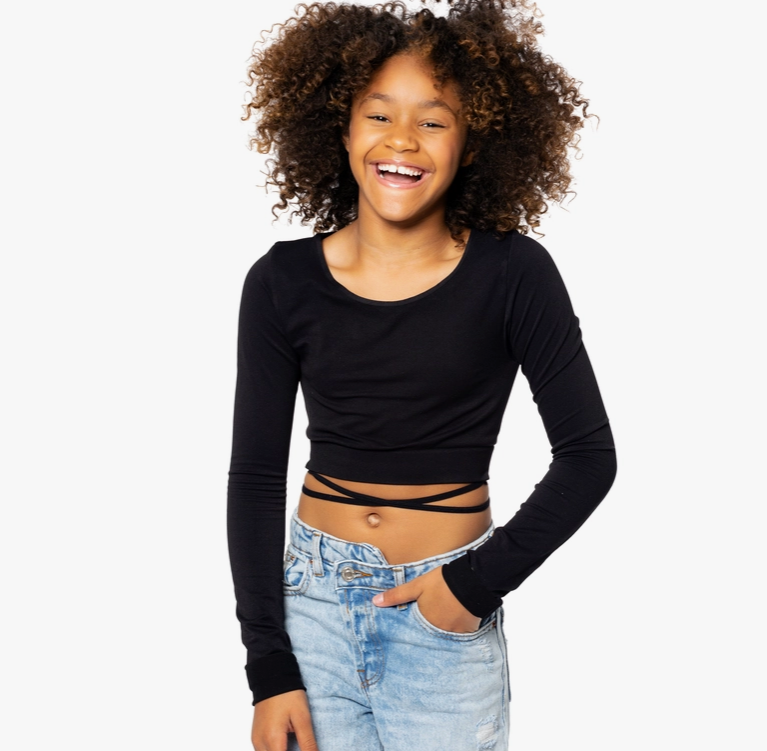 Black Long Sleeve Crop Tie Around Top