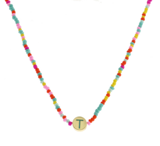 Multi Beaded Enamel Initial Necklace | T