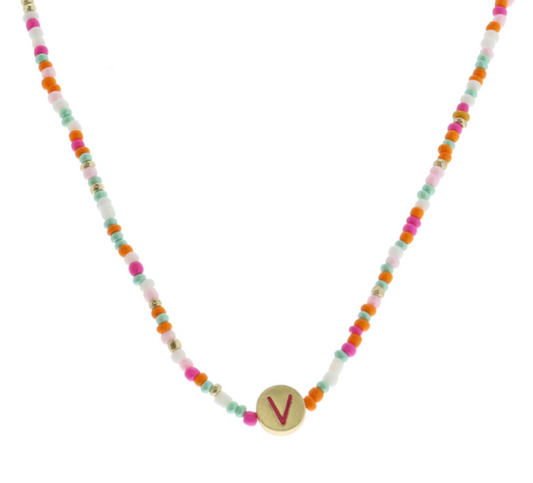 Multi Beaded Enamel Initial Necklace | V