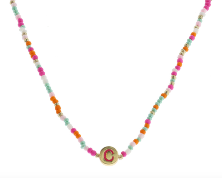 Multi Beaded Enamel Initial Necklace | C