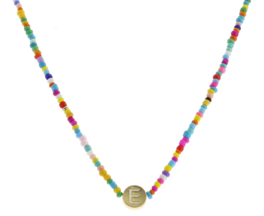 Multi Beaded Enamel Initial Necklace | E