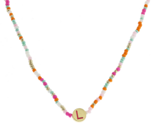 Multi Beaded Enamel Initial Necklace | L