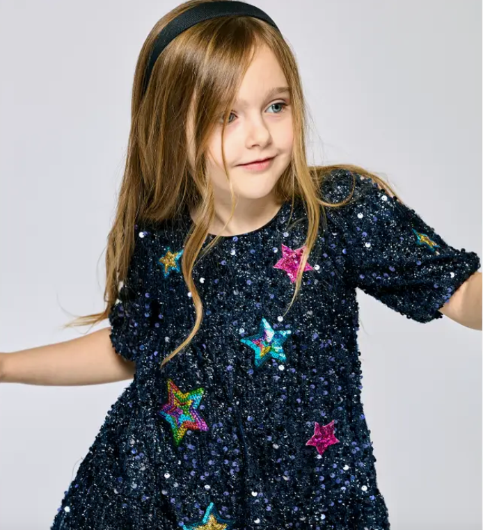 Navy Sequin Dress w/Star Patches