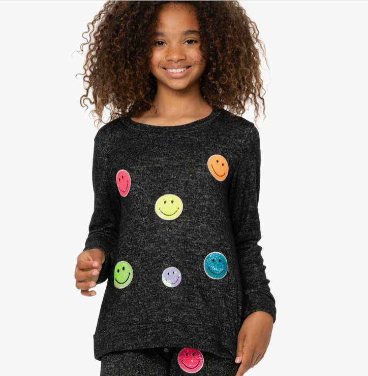 Charcoal Sweatshirt w/Sequin Smiley Face Patches