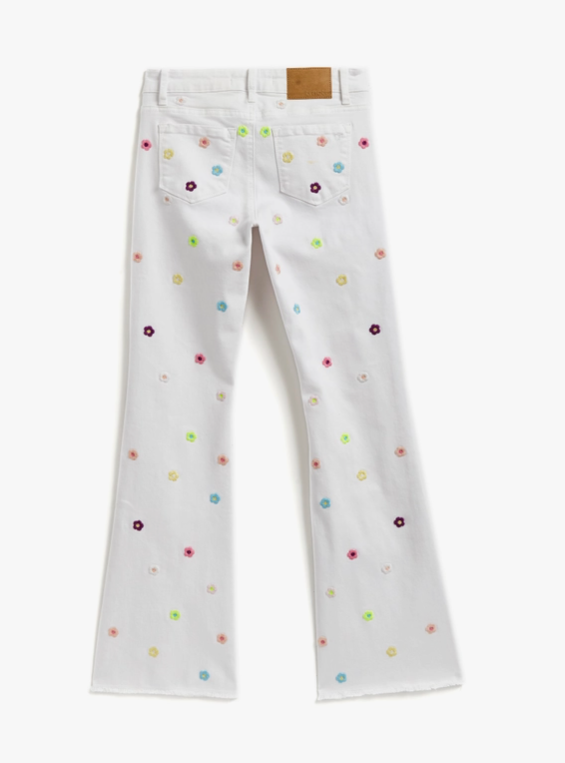 White Floral Embroidered Denim w/Fray Hem