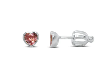 Silver Bezel Heart Pink Stud Earrings