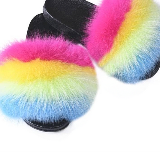 Skittles Faux Fur Slides