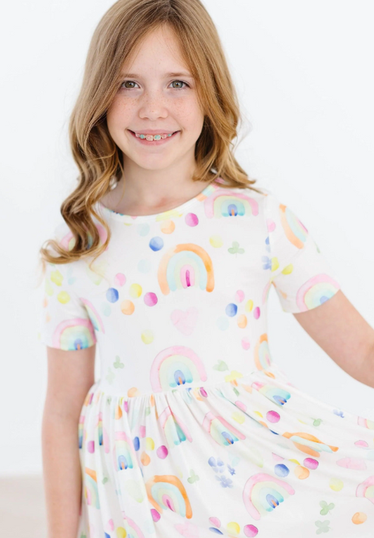 Watercolor Rainbows Short Sleeve Pocket Twirl Dress